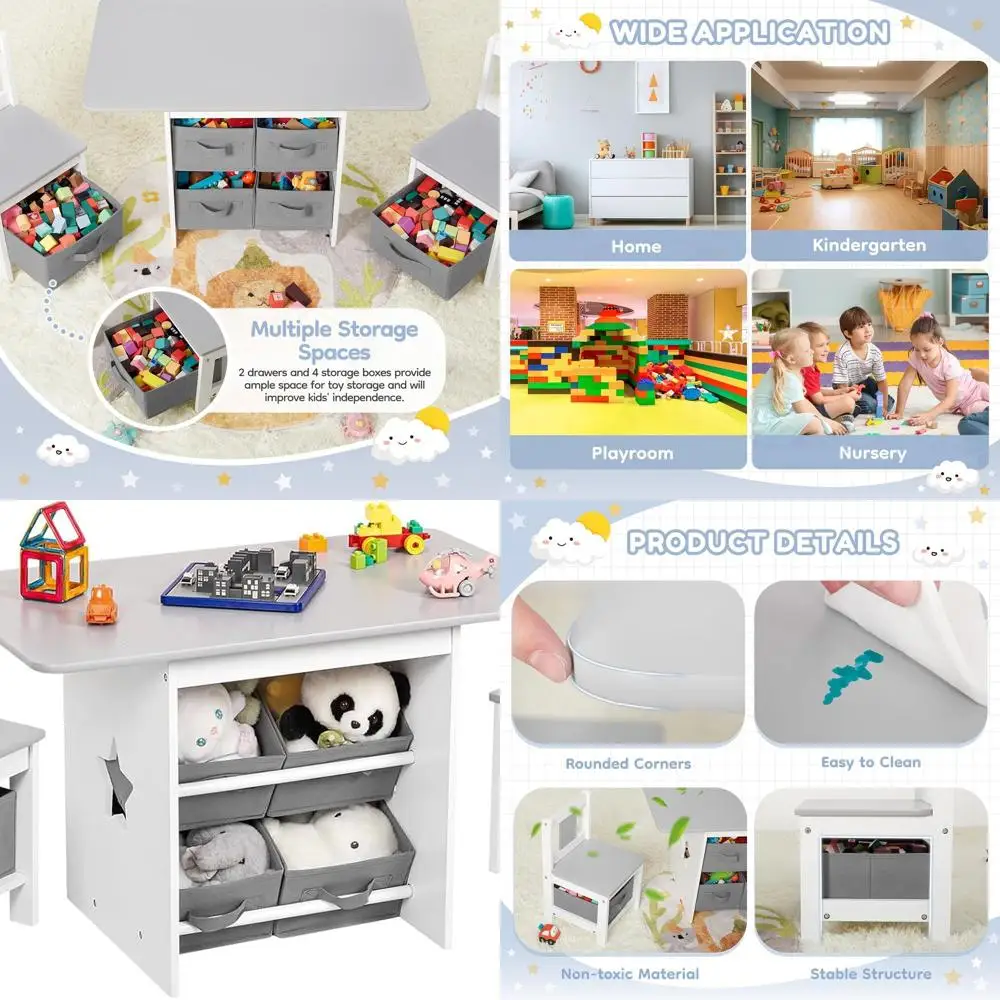 Ensemble bureau et chaises pour tout-petits en bois gris avec 2 chaises et 6 bacs de rangement, meubles pour enfants résistants à l'eau