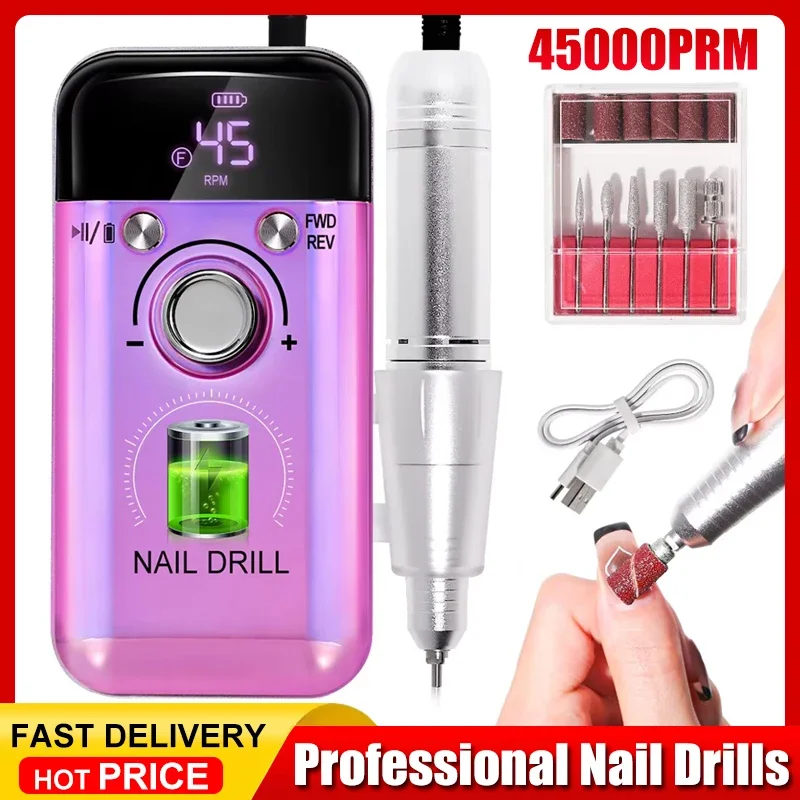 

45000RPM Rechargeable Electric Nail Drill Machine Professional Nail Drills for Gel Nails Polish Portable Nail File Manicure Tool