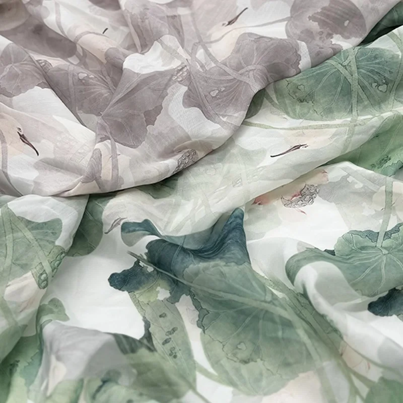 1.5m Width Chinese Classical Lotus Pattern Printed Chiffon Fabric DIY Hanfu Skirt Ancient Costume Dancing Dress Sewing Material