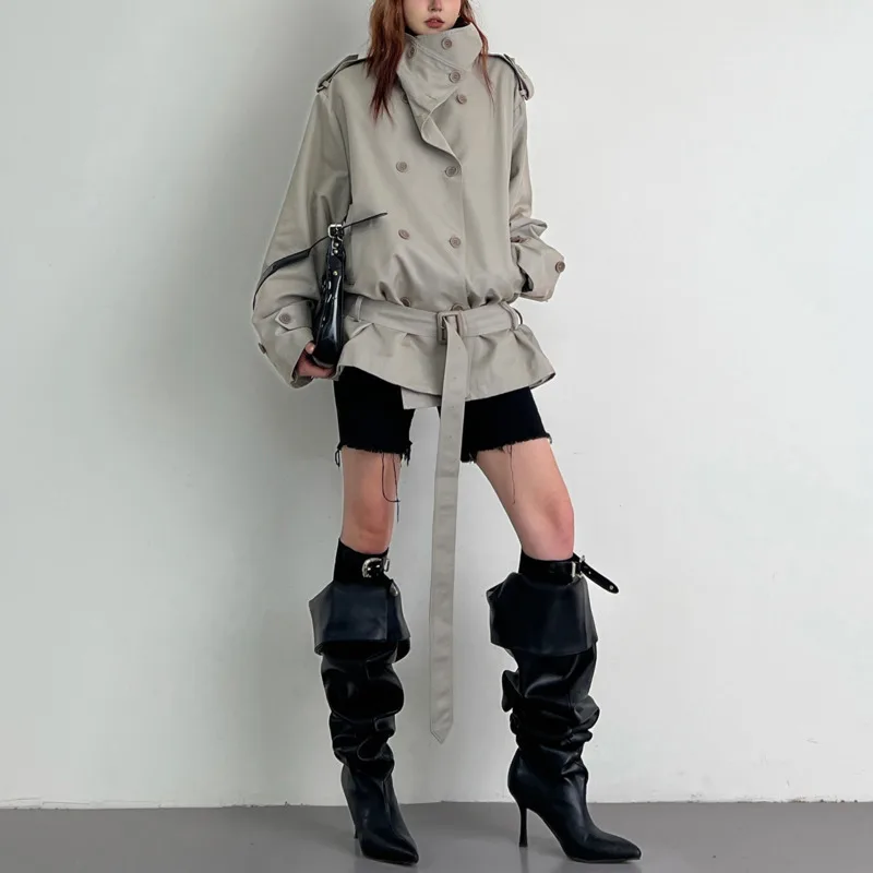 HKSH ربيع الخريف جديد المرأة خندق معطف مزدوجة الصدر الوقوف طوق حزام الخصر Cinching خمر سترة قصيرة أنيقة HK14436