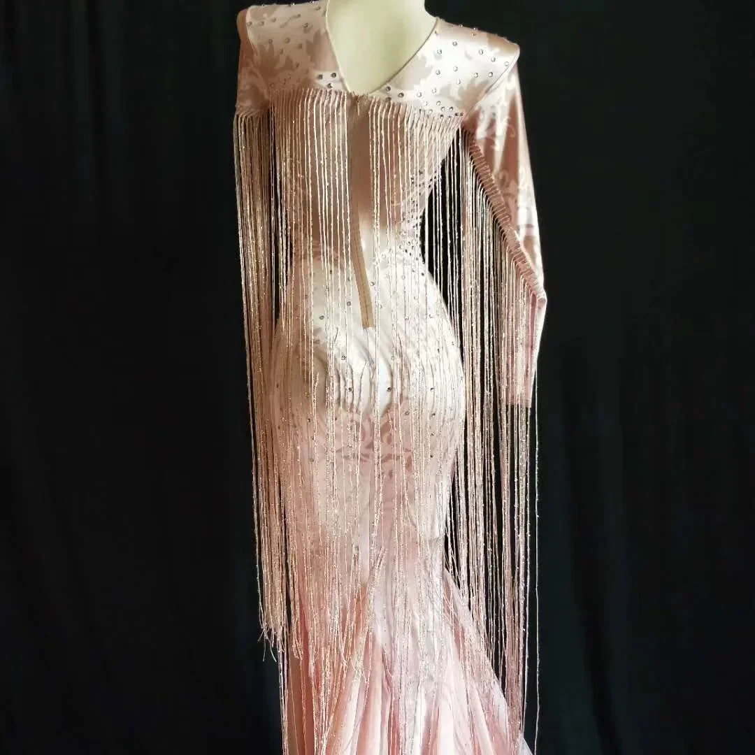 Sparkly Fringes Pink Women Long Dresses Shining Rhinestones Mermaid Tailing Dressy DJ Singer Dance Stage Wear One-Piece Costumes