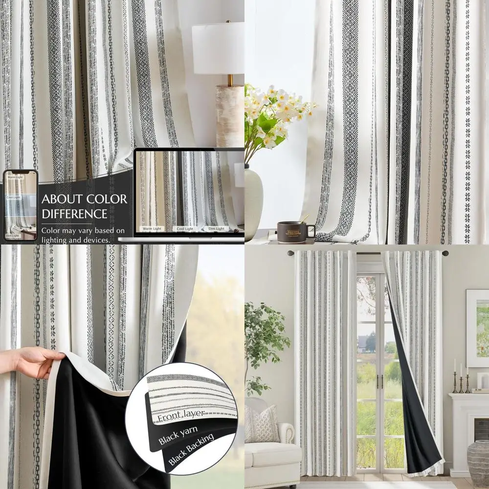 

84 Boho-Style Insulated Blackout Curtains with Beige Geometric Print for Bedroom, 2-Panel Set