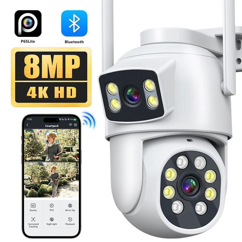 

4K 8MP WiFi Camera Outdoor 4X Zoom Three Lens Dual Screens 6MP CCTV Video Cam Auto Tracking Security Protection Surveillance