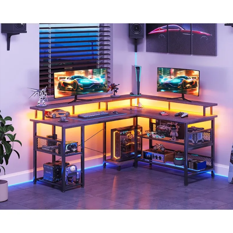 59 "L-Vormige Gaming-Desk Met Stopcontact En Led-Verlichting, Pc-Speeltafel Met Usb-Poorten, Omkeerbaar L-Vormig Bureau