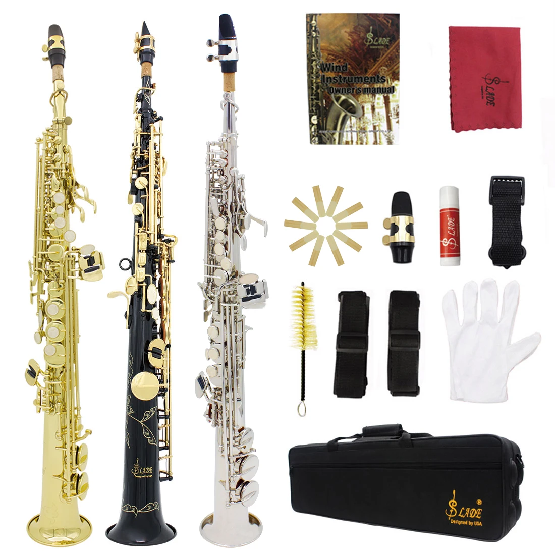 SLADE Bb Soprano Saxophone Brass Body B Flat Sax Set with Case Saxophone Parts Accessory Professional Woodwind Instruments