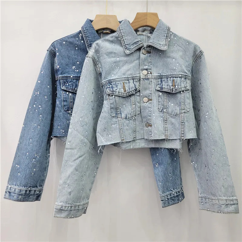 American Fashion New Elegant Rhinestone Single-breasted Denim Short Coat for Women High Waist Straight Wide-leg Jean Female 2026 view 3