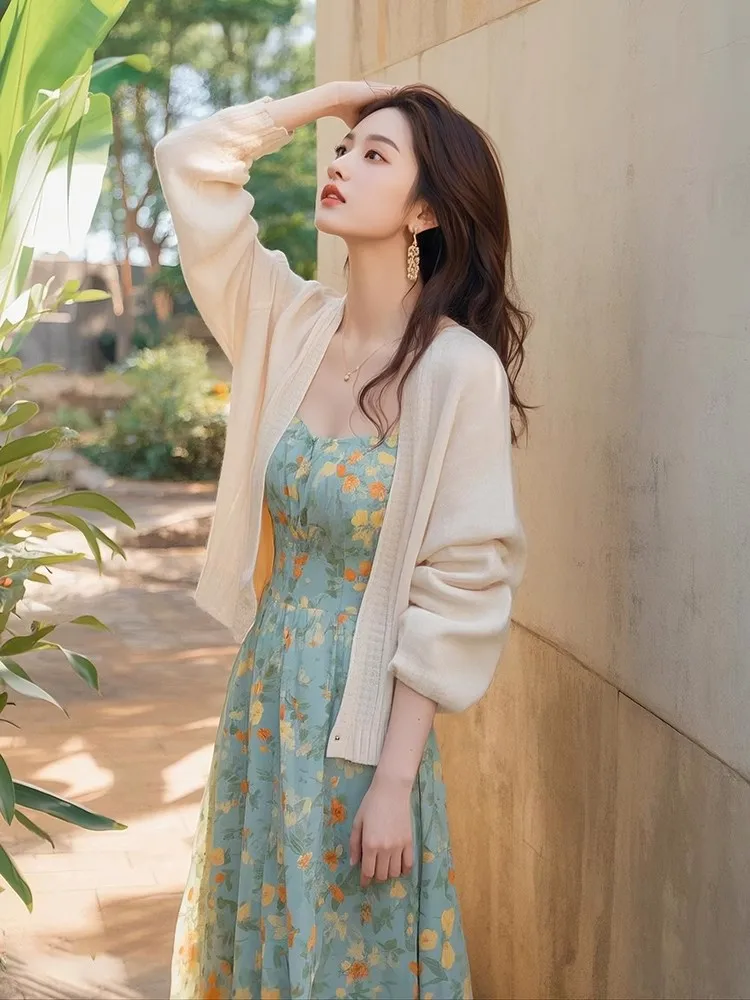 

Spring Leisure Large Size Knitted Cardigan Floral Dress Two-Piece Set Slimming Effect Casual Commute Style High Waist Long Sl...
