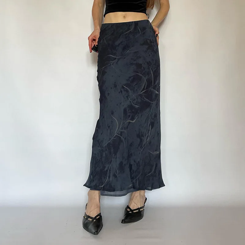 

Vintage abstract pattern printed low waisted mesh wrap slimming mid length skirt