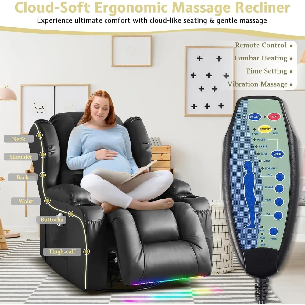 كرسي هزاز دوار كهربائي مع تدليك وحرارة، أريكة استلقاء على الحائط كهربائية للبالغين مع ضوء LED/حاملات أكواب #5