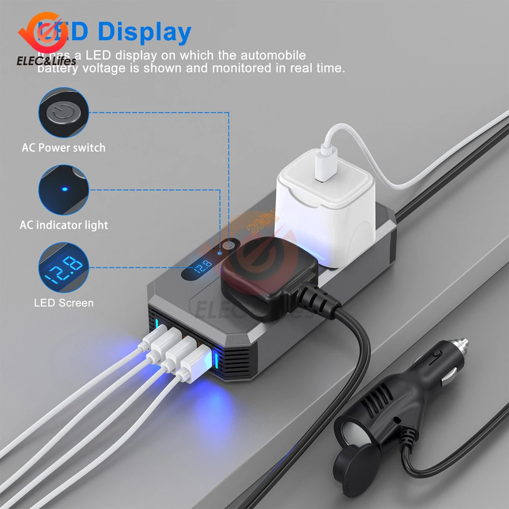 محول طاقة السيارة مع شاشة ليد ، محول جهد ، محول شاحن محول ، حماية متعددة ، 4USB ، 12 فولت تيار مستمر ، 24 فولت إلى تيار متردد