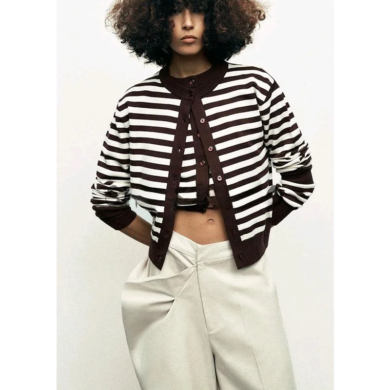 Spring New Women's Knitted Long Sve round Ne Striped ort Coat Casual College Sle Versatile Lazy Match Polyester Fiber