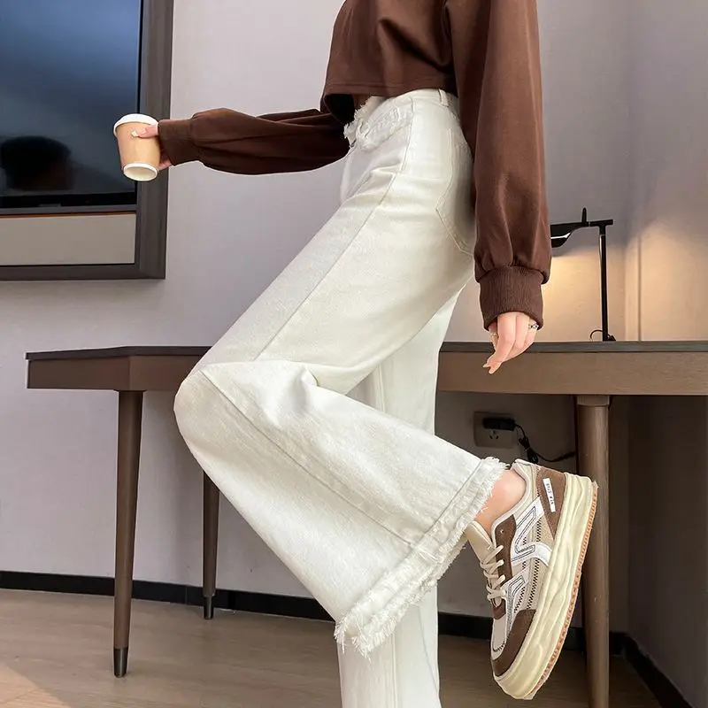 White Floor Mop Pants 2024 Women's 4 Colors Tassel Flash Edge High Waisted Wide Leg Trousers Casual Fashion High Street Jeans