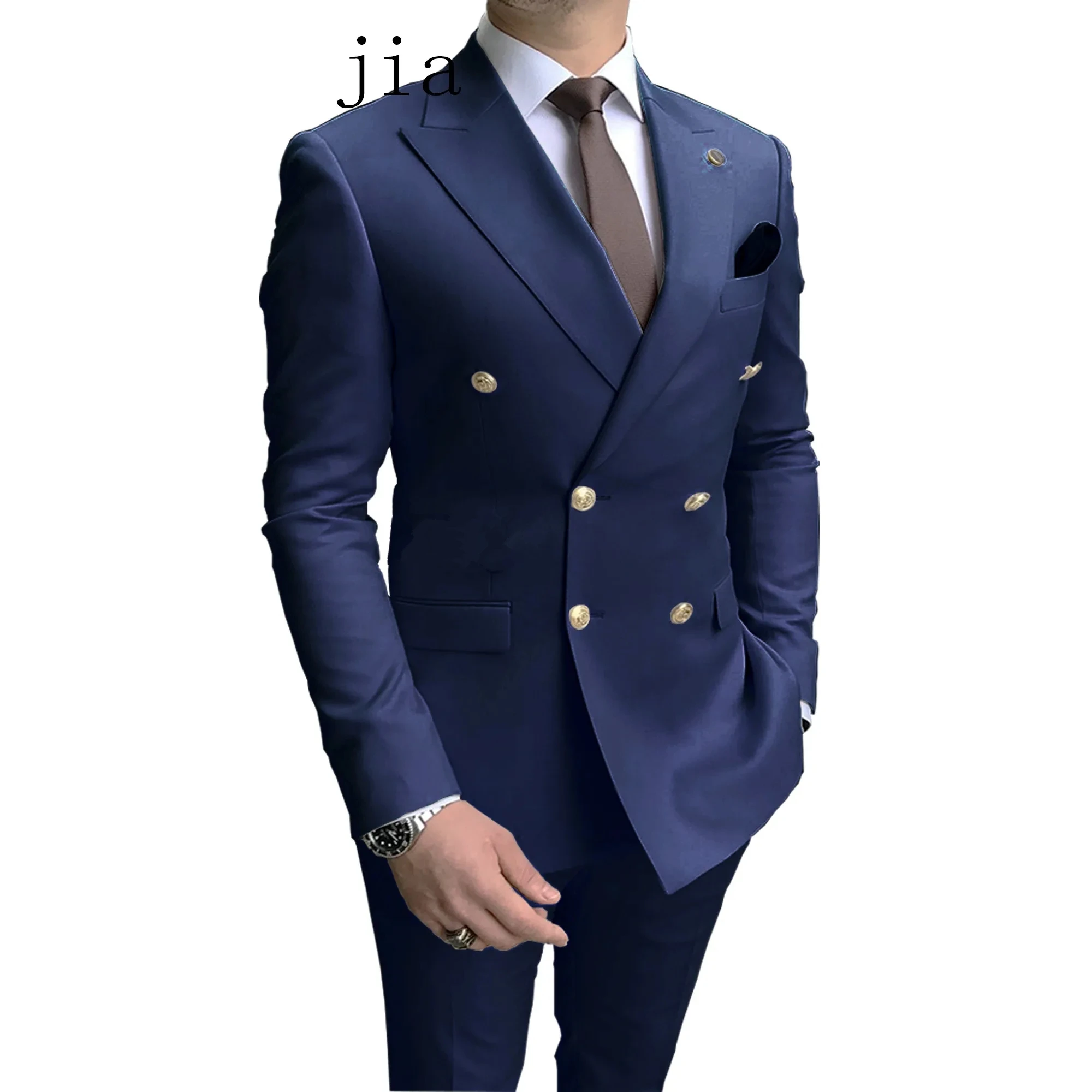 2024 Casual Sky Blue Men Suits Double Brested Peak Lapel  Gold Button Groom Wedding Tuxedos Best 2 Pcs Blazers Jacket Pants Set