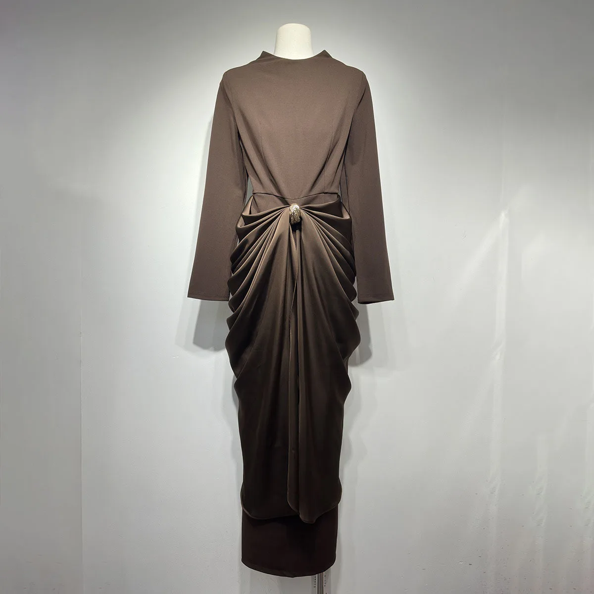 KWTX Damen-Kleid, solide, schlankmachende, gespleißte Falten, elegante Kleider für Damen, Rundhalsausschnitt, lange Ärmel, hohe Taille, Damenbekleidung, Neu