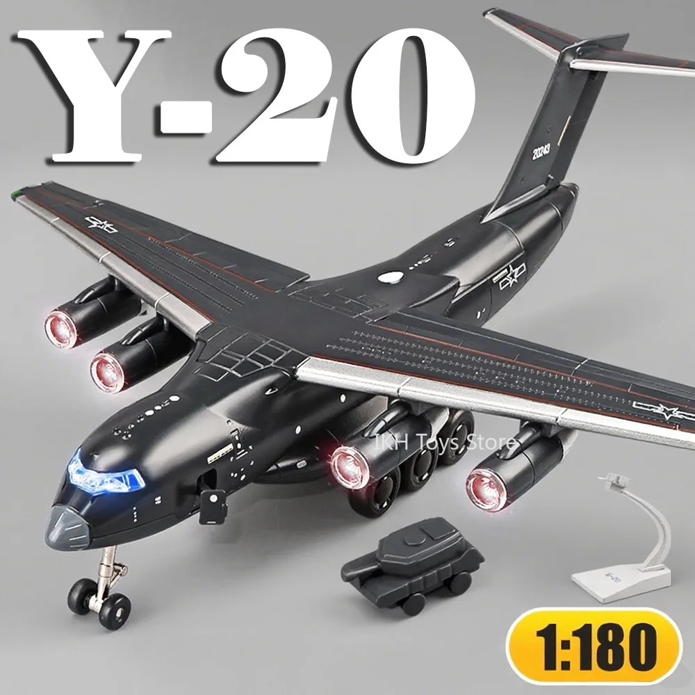 

1:180 Y-20 Transport Plane Model Toys Metal Diecast Miniature Fighters Sound Light Pull Back Cabin Opened for Children Gifts