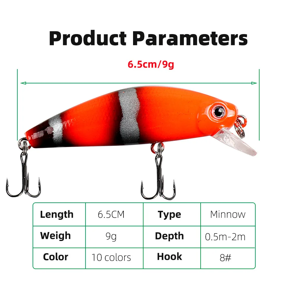 Fishing Lure Sinking Minnow 6.5cm/9g Killer Peacock 3D Eyes Laser Bait with 2 Trible Hook