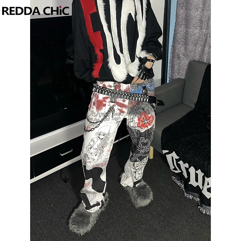 REDDACHIC Aesthetic Graffiti Print Baggy Jeans Men Vintage Wash Low Rise Denim Wide Leg Loose Straight Pants Y2k Punk Streetwear