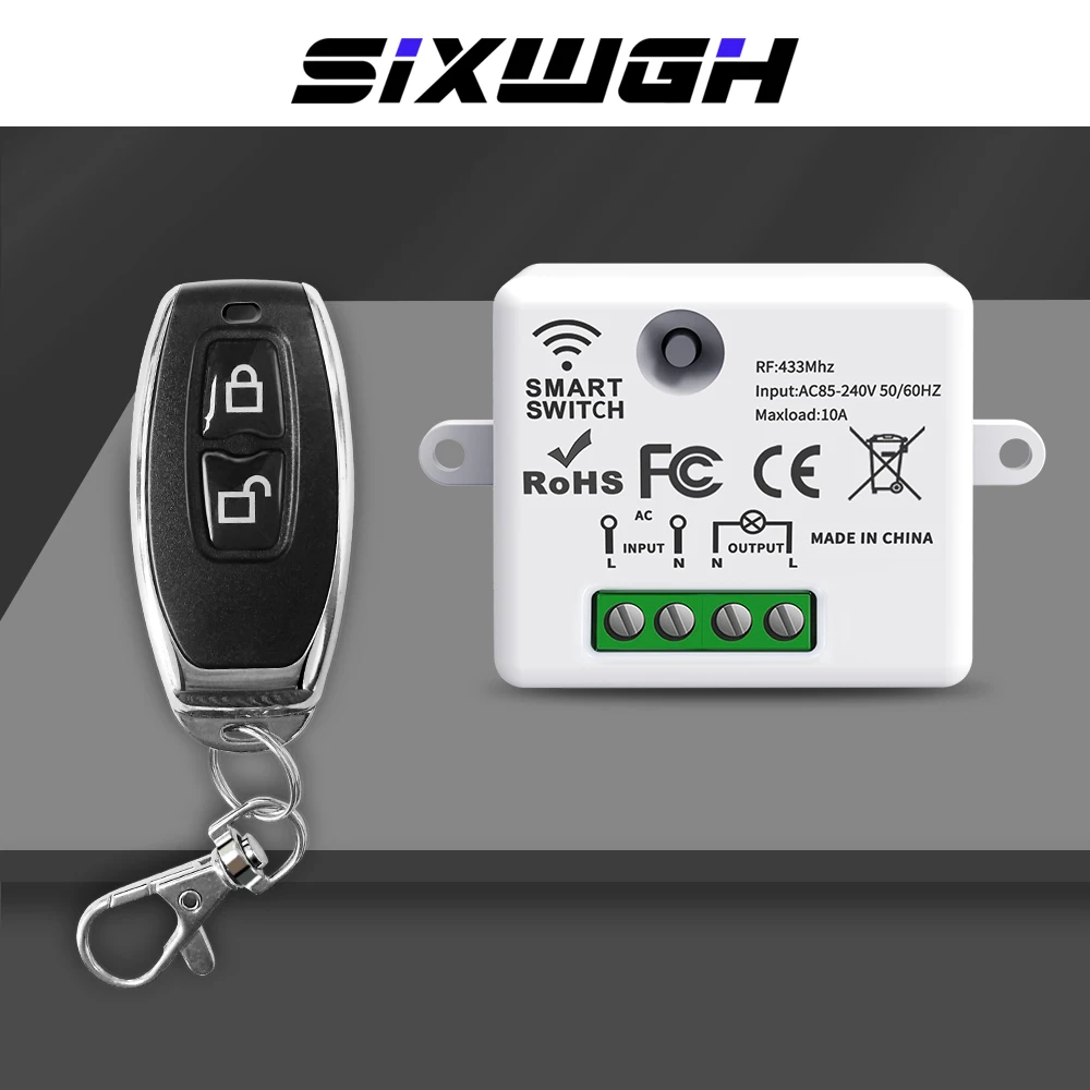 

SIXWGH 433MHz RF Wireless Remote Control Switch 110V/220V Universal 10A Mini Wall Lamp/Household Appliance Control