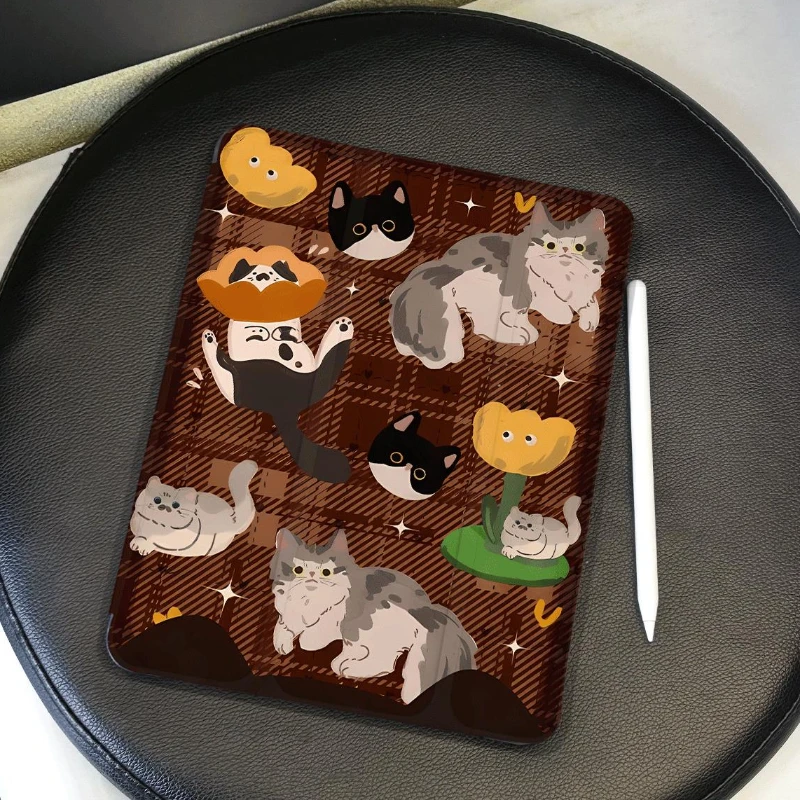 

IPad 10.2 Case 7/8/9th Generation Tablet Cover IPad Air 5 Air 4 10.9 Ipad 2017 10.5 Inch Pro 11 2nd 3rd 4th Brown Plaid Kitten