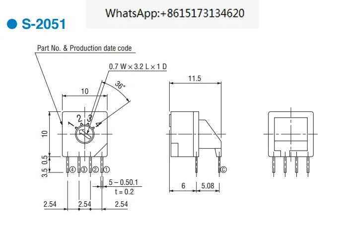 10 pieces S-2051 imported COPAL Kebao 4-speed band rotary coding switch, 1-4 position dial 1:4