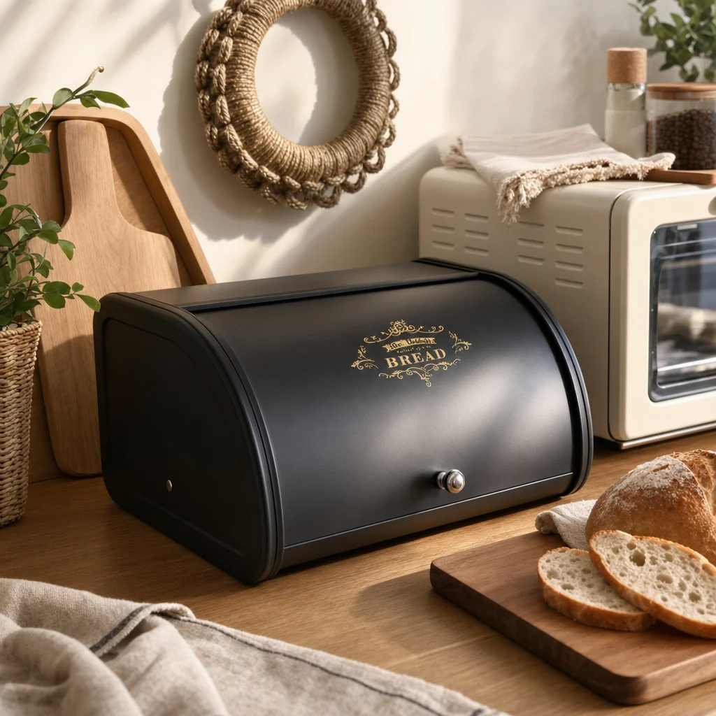 Lidded Metal Bread Box Black Outdoor Bread Box Kitchen Storage Container Home Roll-Top Food Container Large Capacity Storage Box