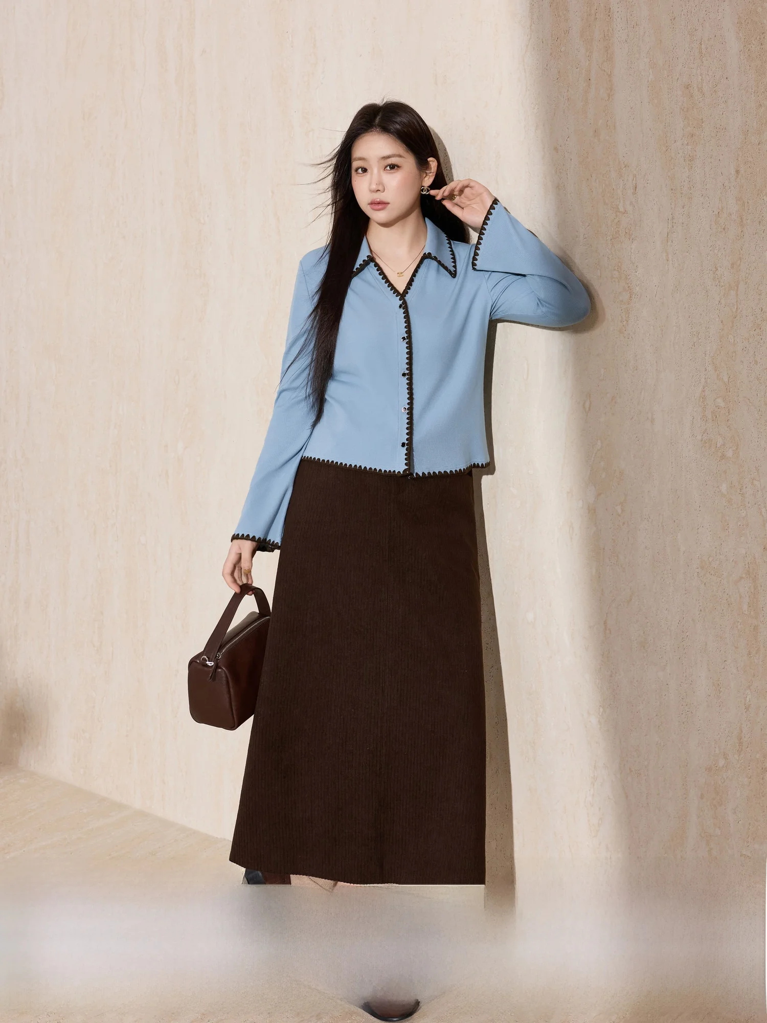 

Blue Language Large Size Knitted V-ne Color Blo Cardigan Slimming Corduroy Skirt Set Women's Faion Autumn Workwear