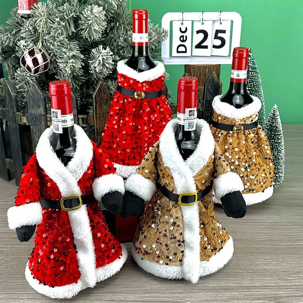 Santa Claus Christmas Wine Bottle Cover Portable Cartoon Champagne Wine Bag Reusable Exquisite Glitter Plush Wine Bottle Set