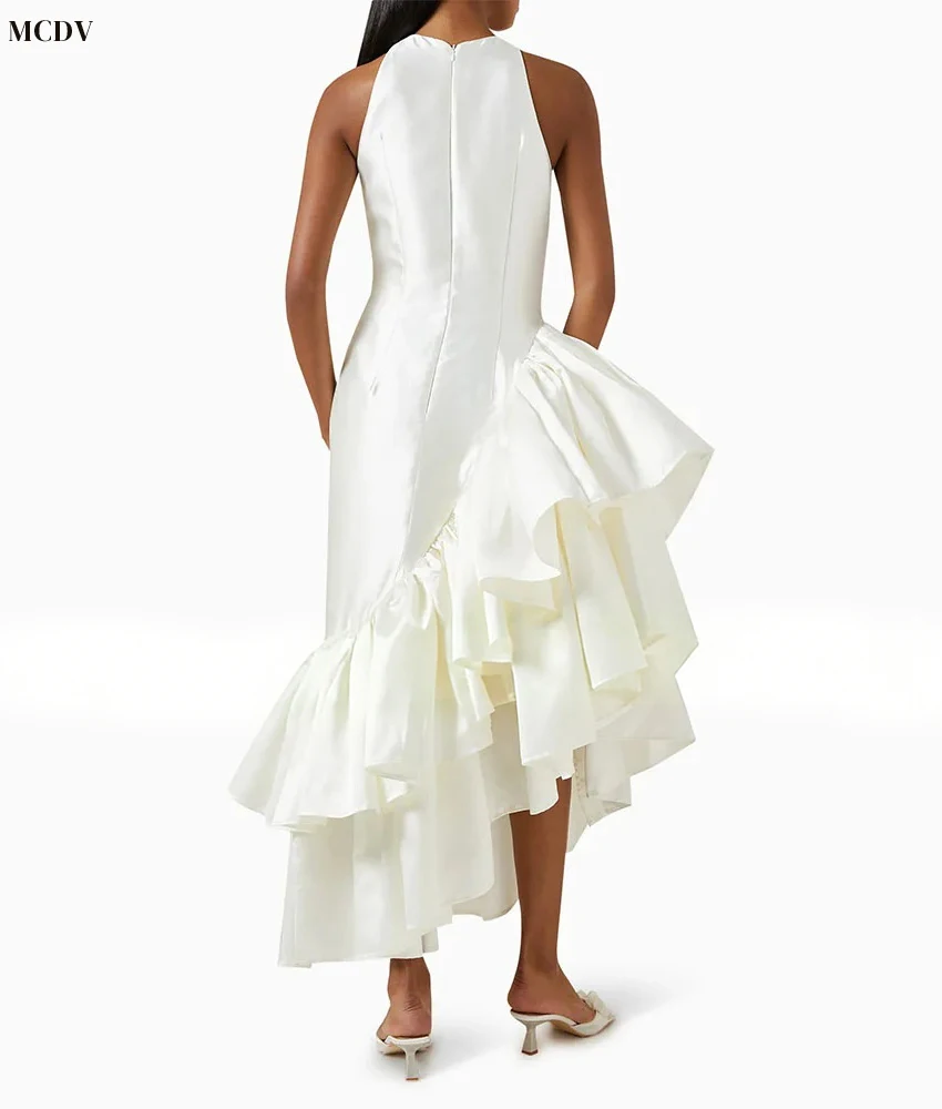 맞춤형 패션 새틴 A라인 러플 티어드 이브닝 드레스 우아한 O넥 민소매 발목 길이 파티 가운 맞춤 사이즈