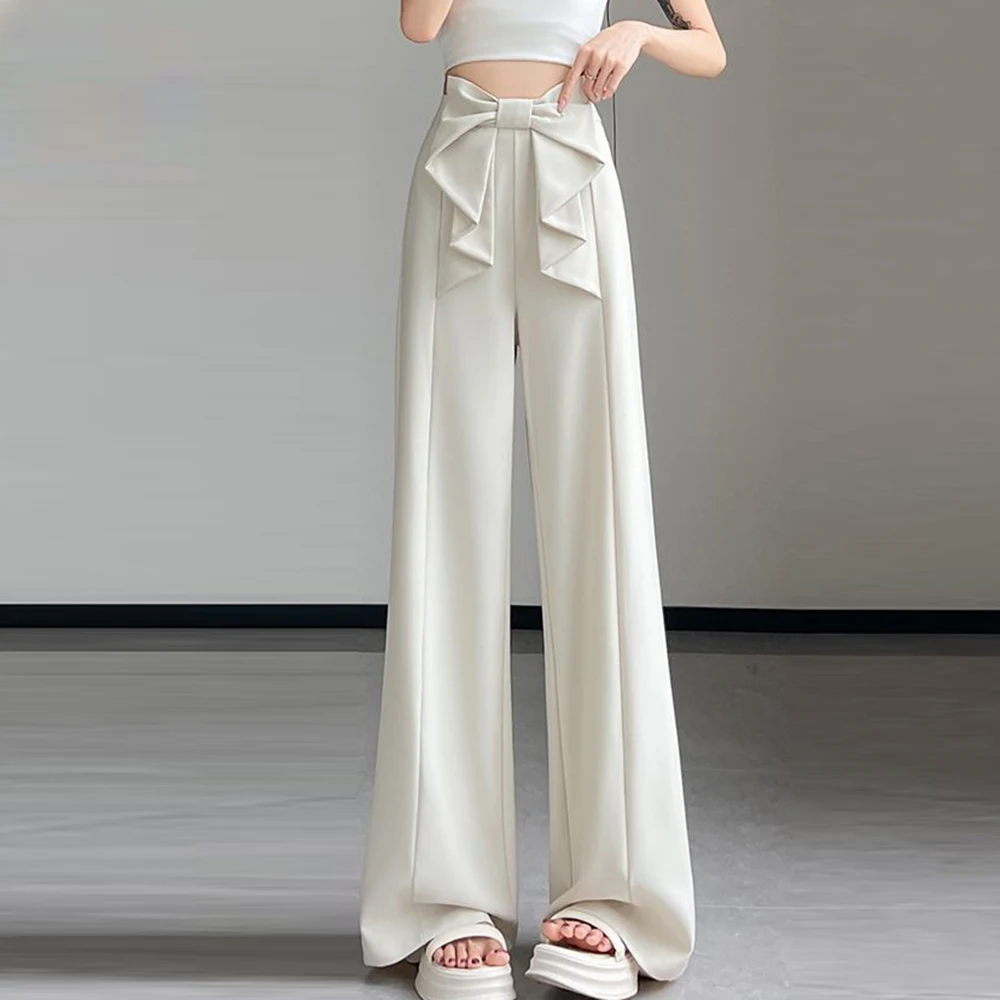 2025 summer breathable high-waisted bow straight wide-leg pants women's narrow version  high casual trousers