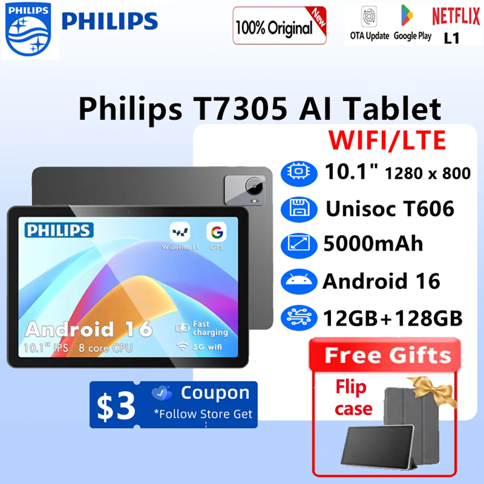 Global Version Philips T7305 AI Tablet 10.1' 12GB(+8GB Virtual RAM) 12