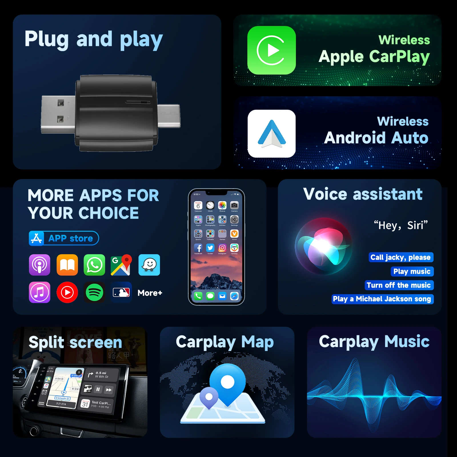 New Two-In-One Wired To Wireless Carplay/android Auto Small Box Dual-Port Usb Type-C Car Interconnection Wireless Adapter