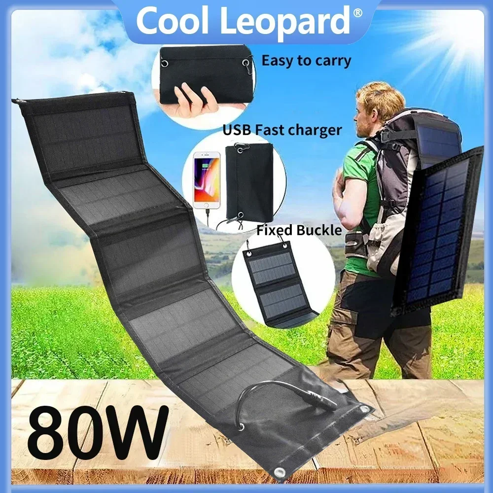 80W Foldable Solar Panel USB 5V DC Full Time Power Bank 5-fold Portable Solar Panels Charger Mobile Power Supply Camping Battery