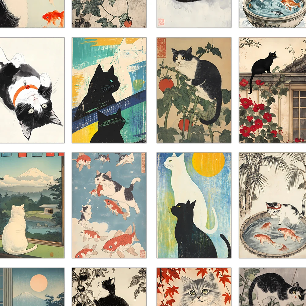 32 Stück japanische Katzenpostkarten, Ukiyo-E-Stil, süße Katzenposter, Wohnzimmer-Dekorationsaufkleber, Schlafzimmerdekoration, hochwertige Karte – Detail 4
