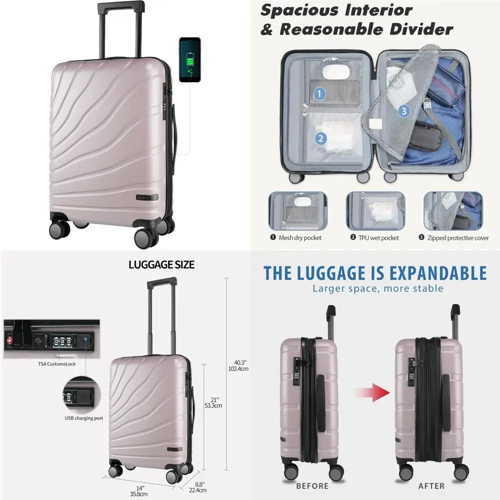 

Ручная кладь VANKEAN с вращающимися колесами и замком TSA, расширяемый модный чемодан с твердым корпусом, одобренный авиакомпанией, 20-дюймовый автомобиль