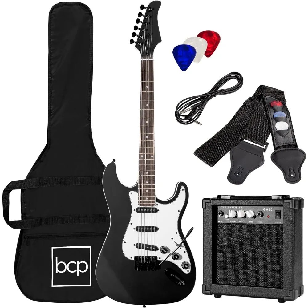 

39in Full Size Beginner Electric Guitar Starter Kit w/Case, Strap, 10W Amp, Strings, Pick, Tremolo Bar - Jet Black