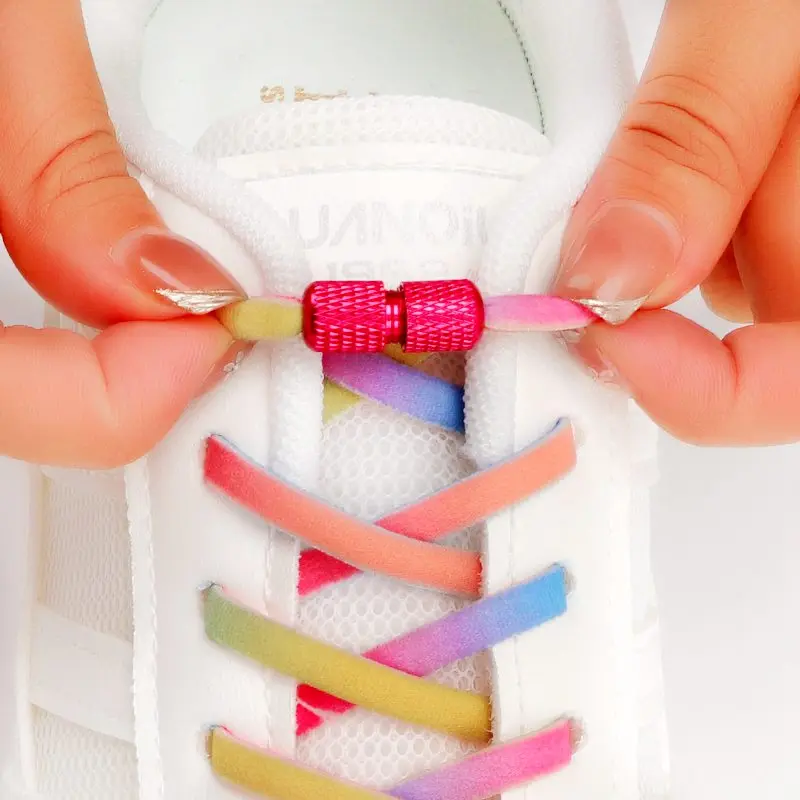 Classic Pink Rainbow Round Tennis Elastic Shoelaces Without Ties Colorful Capsule Buckle Lock Shoestrings For Sneaker Kids Adult