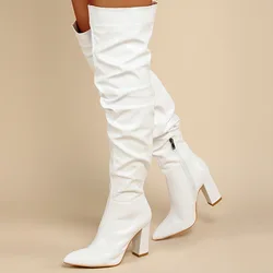 Fashion White Pleated Women Over-the-Knee Boots Sexy Pointed Toe Square Heels Ladies Long Zipper Female Shoes