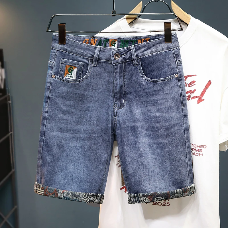 

Summer Men's Embroidered Denim Shorts Straight Fashion Slim Personality Streetwear Jeans Luxury Bermuda Male Short Pants