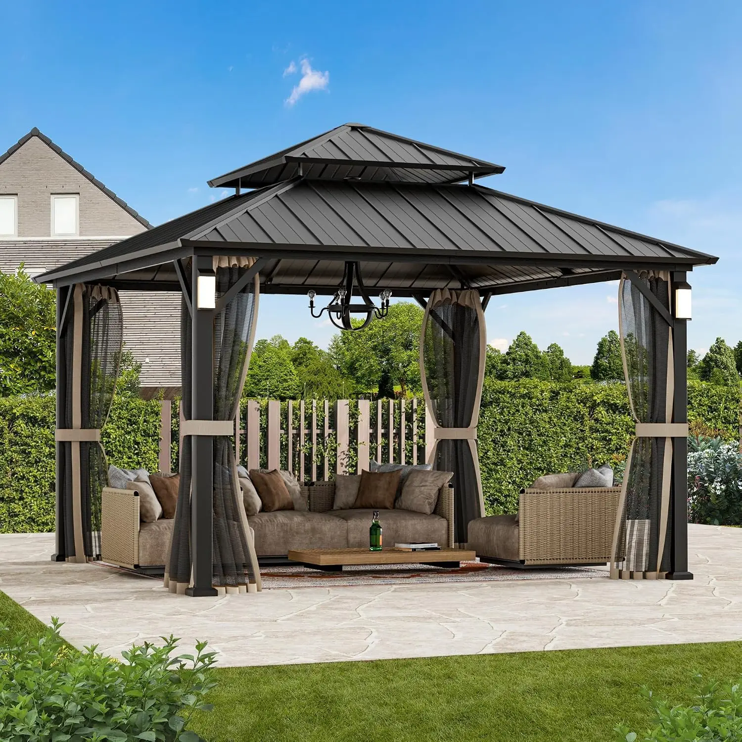 Modern Shade The Horizon Hard Top Gazebo 12' x 12' with 4 LED Lights, Permanent Hardtop Gazebo with Galvanized Steel Double Roof
