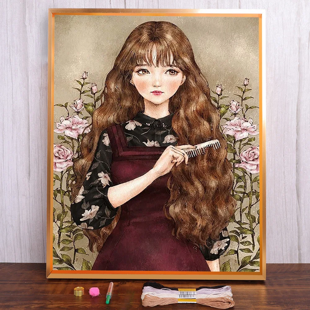 

Portrait Cartoon Girl Printed Canvas 11CT Cross-Stitch Embroidery Kit Handmade Handiwork Needlework Sewing Magic Gift Counted