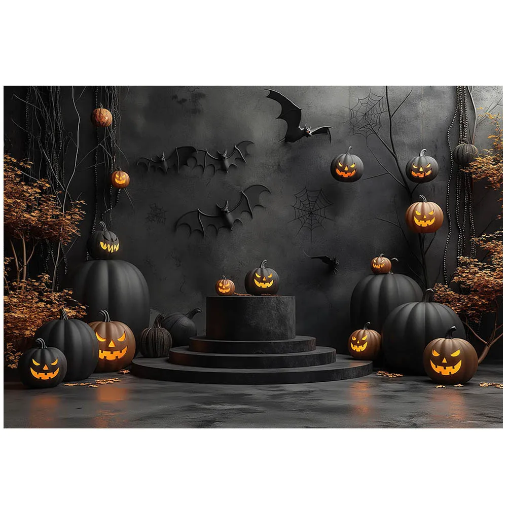 Mocsicka fondo de fotografía de Halloween, pared negra oscura, suelo, calabaza malvada, murciélago, Horror, decoración de fiesta, utilería de fondo de foto para niños