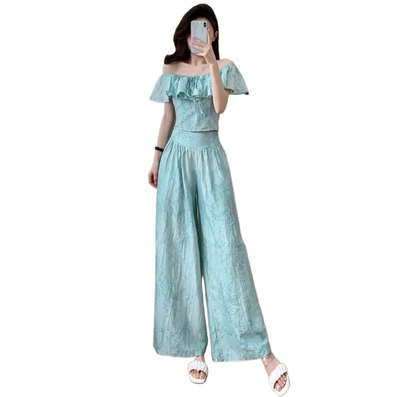 Mint Casual Suit Small Summer New Temperament Age-reducing Lotus Leaf Top Two-piece Set Exquisite Simple and Trendy Personality