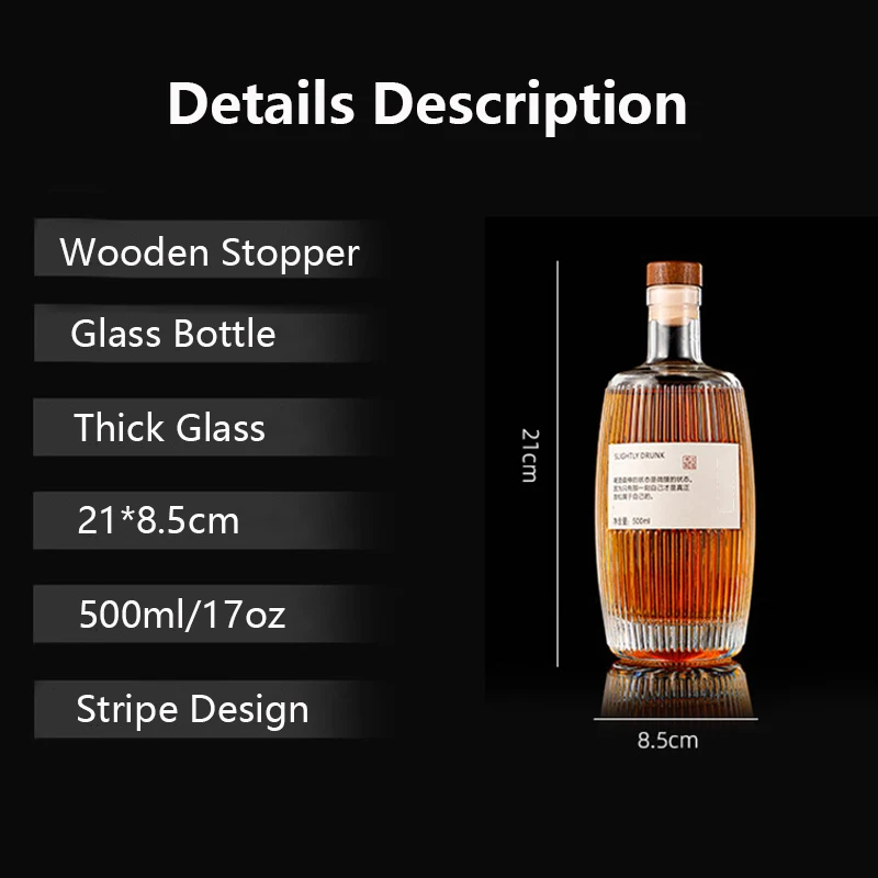 500ml Stripe Glass Bottle with Wooden Stopper Home Bar Liquid Storage Containers Clear Wine Vessel for Brewing Liquor