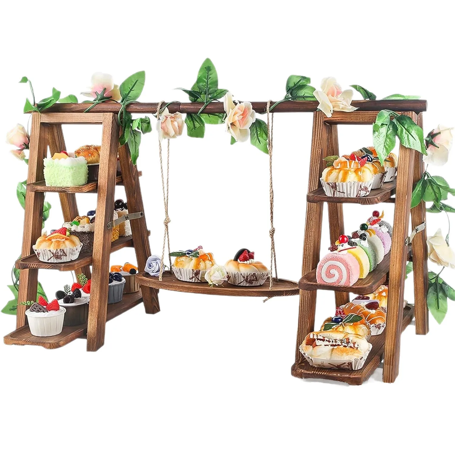 Wooden Three-layer Cake Rack with Swing Display Stand, Cupcake Afternoon Tea, Dessert Rack