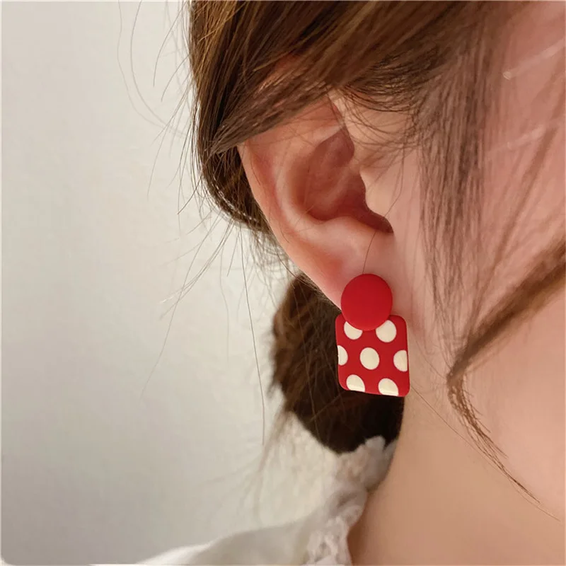 Trendy Geometric Square Red White Polka Dot Drop Earrings Korean Unique Style Asymmetric Enamel Ear Jewelry New Year Gift