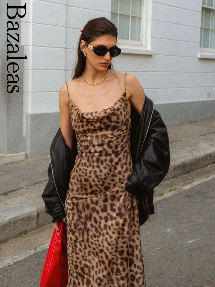 2024 Bazaleas Sexy Leopard Print Summer Beach Dress Traf Official Store Spaghetti Straps Mesh Dresses Bodycon Women Long Dress