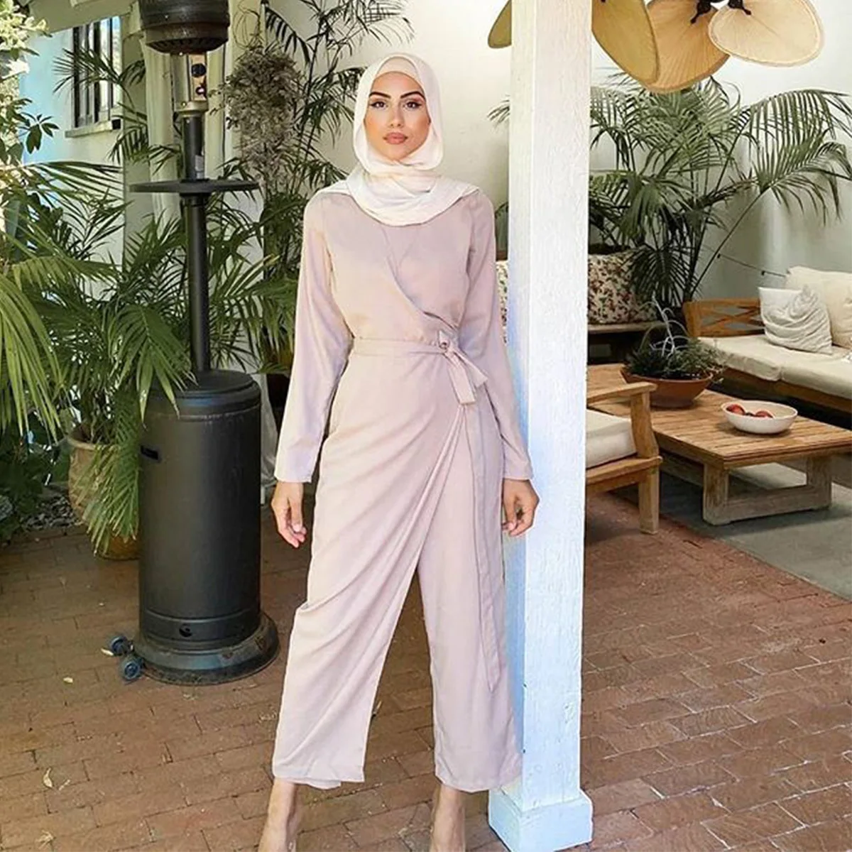 

New fashion casual V-neck splicing one-piece wide-leg pants suit Muslim women suit Islamic ethnic prayer long dress suit