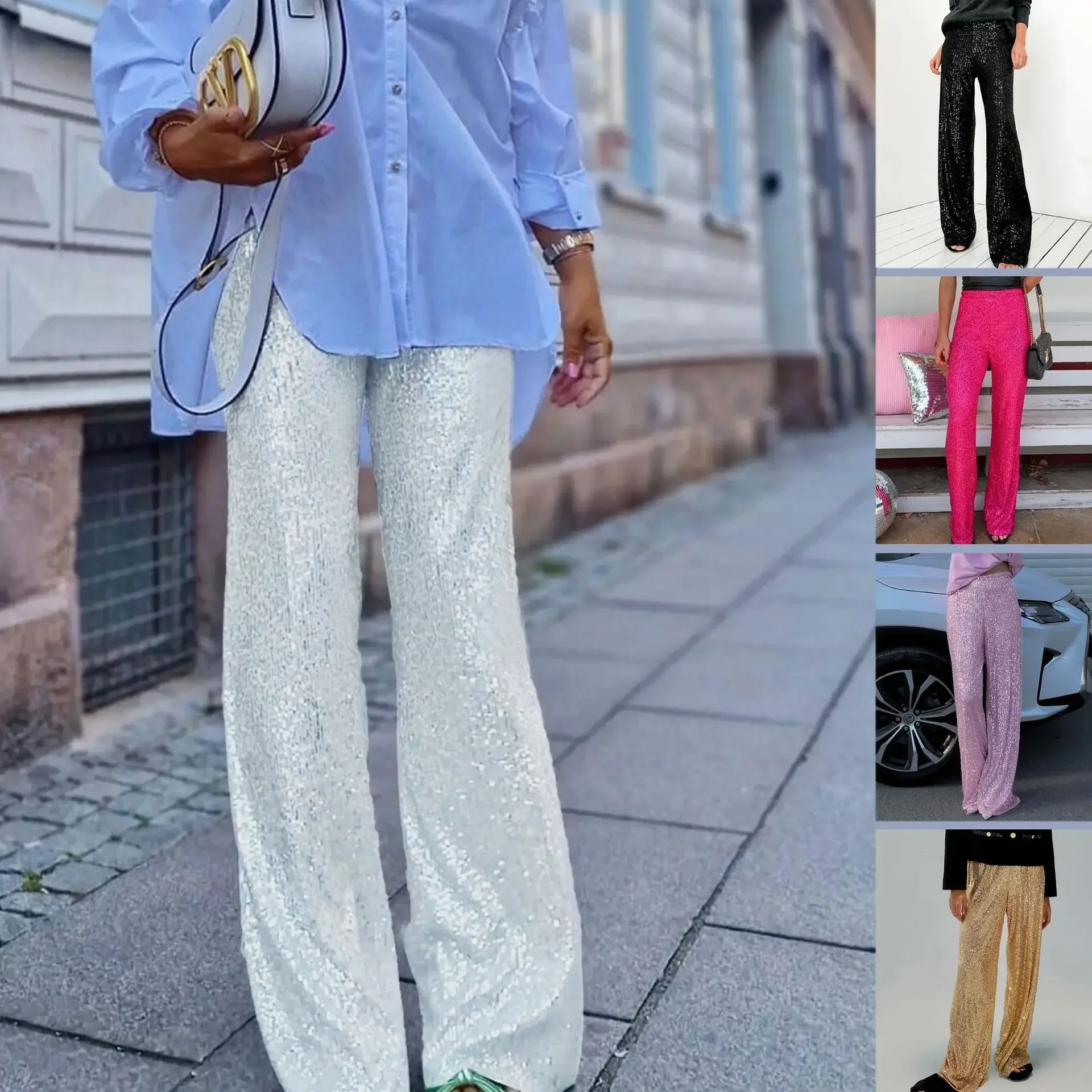 Silver Sequin Female Trousers High Waist Casual Luxury Party Outfit Trousers Fashion High Street Sparkle Straight Legg New