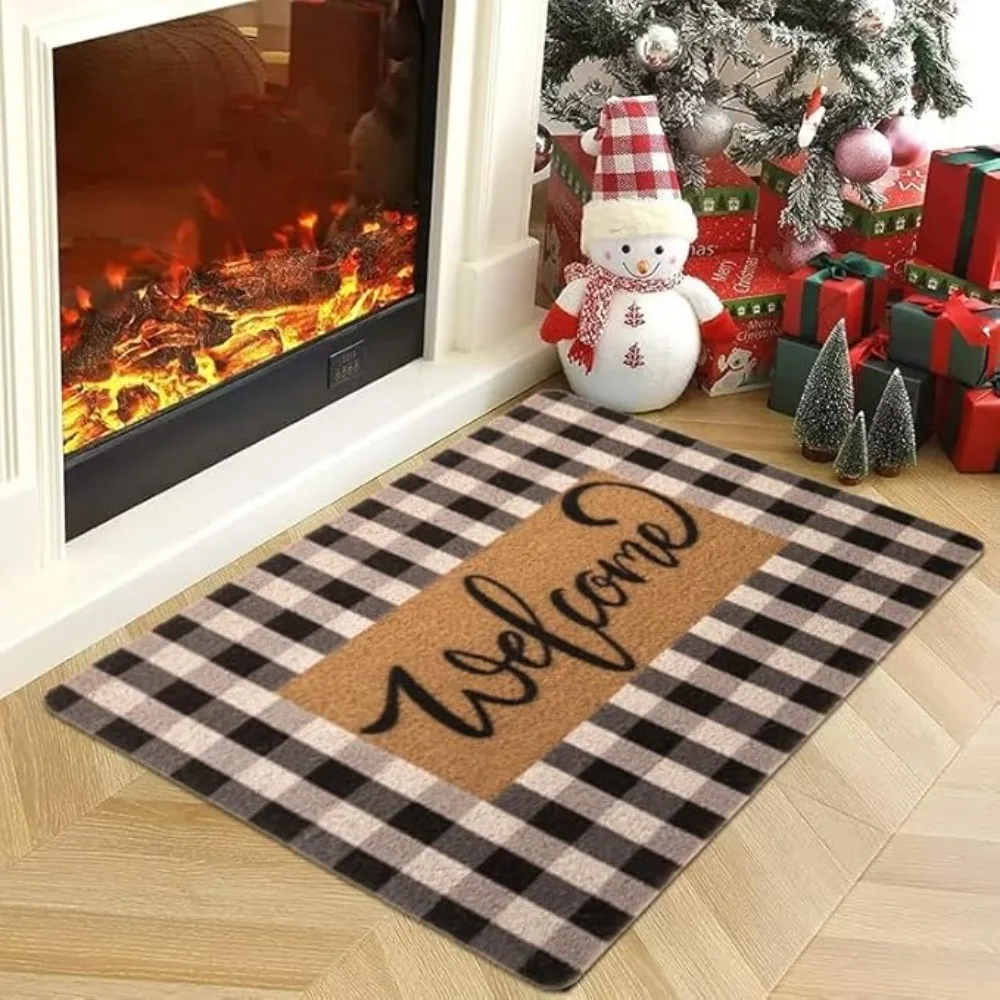 Weihnachtsteppich, Matte, Teppich, handbemalt, Kiefernbaum mit Willkommenstext, schwarzer karierter Rand, rutschfeste Bodenmatte für Heimdekoration