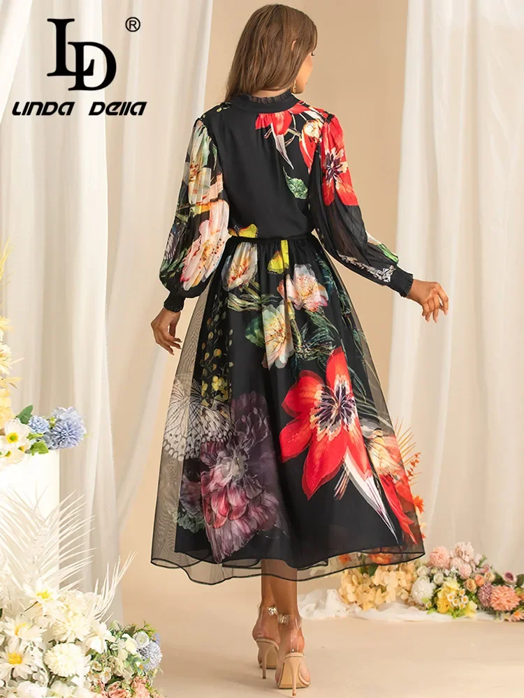LD LINDA DELLA Autumn Women's Suit Stand Collar Lantern Sleeved Single-Breasted Tops+Elastic Waist Skirt Print 2 piece set - view 6